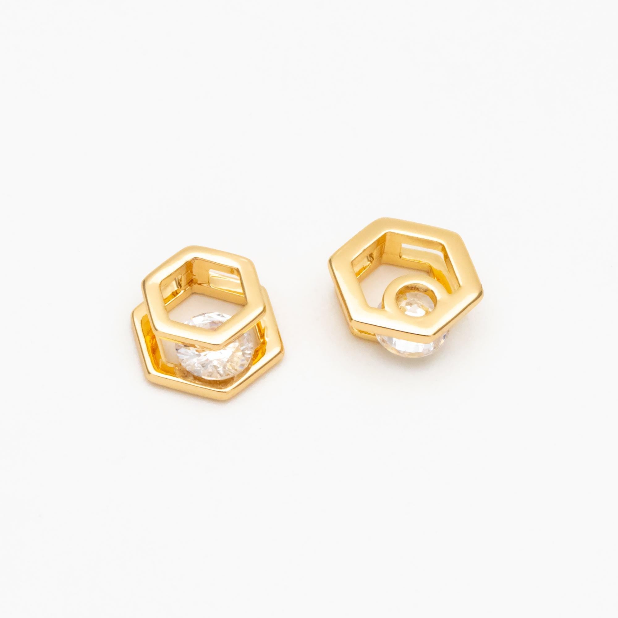 10pcs CZ Pave Gold Geometric Beads, Gold plated Brass Charm Links, Triangle Round Square Hexagon (GB-417)